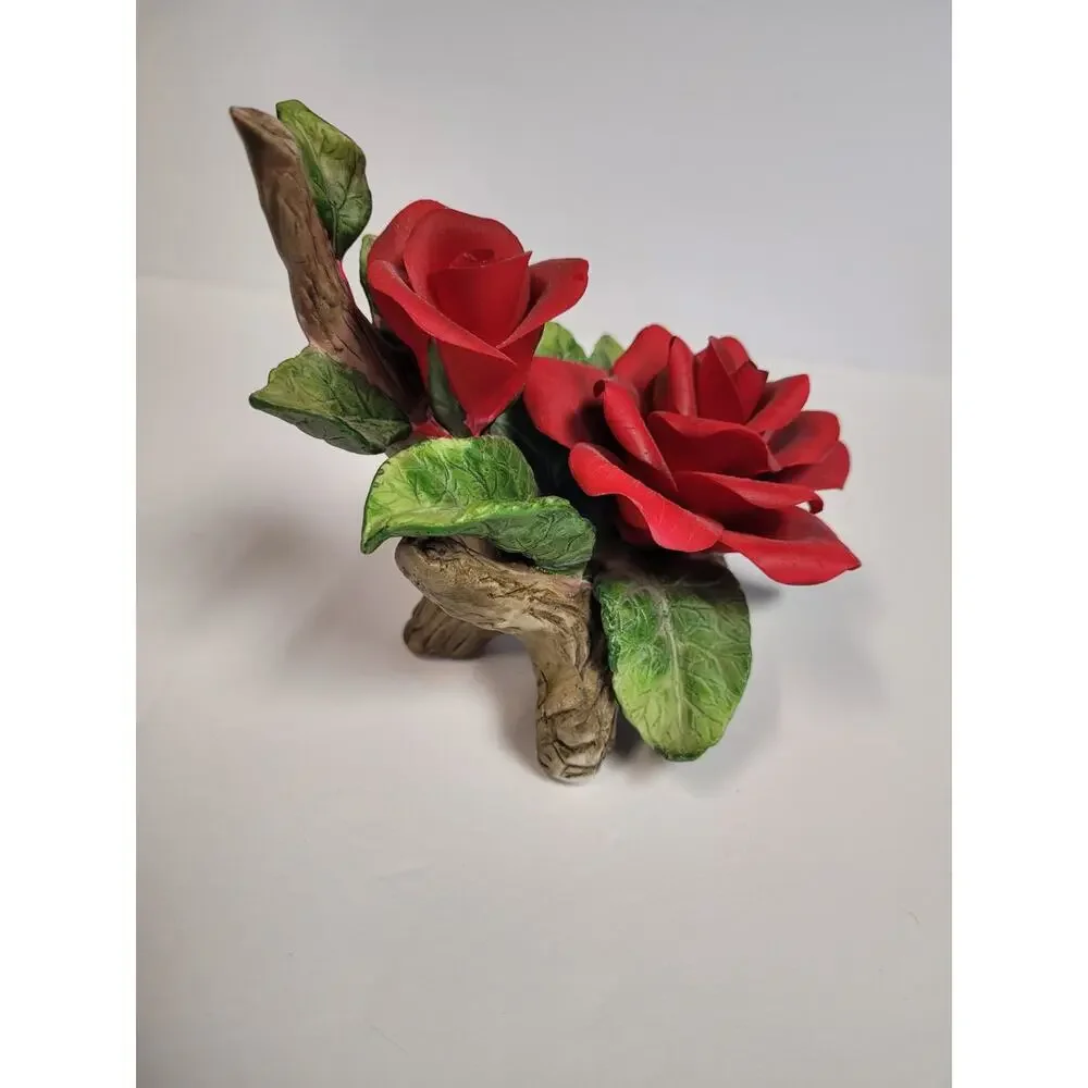 Red Ceramic Rose Figurine Handpainted & Two Resin Rose Magnets Decor